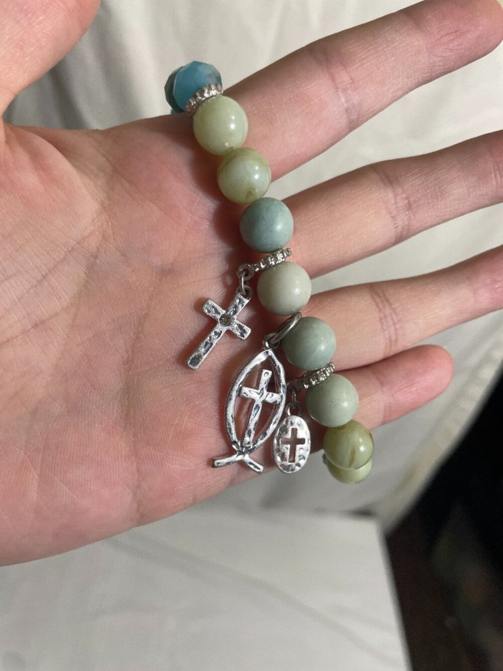 Christian Cross Ichthys Fish Charm Stretch Bracelet Turquoise Green Beads